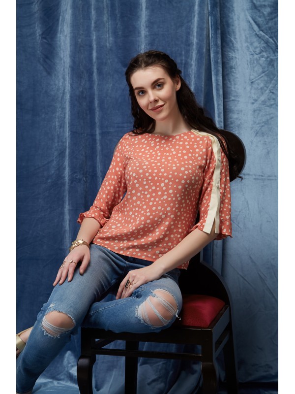 Japonica Polkadots Oneside Slit Button Sleeve Casual Top 